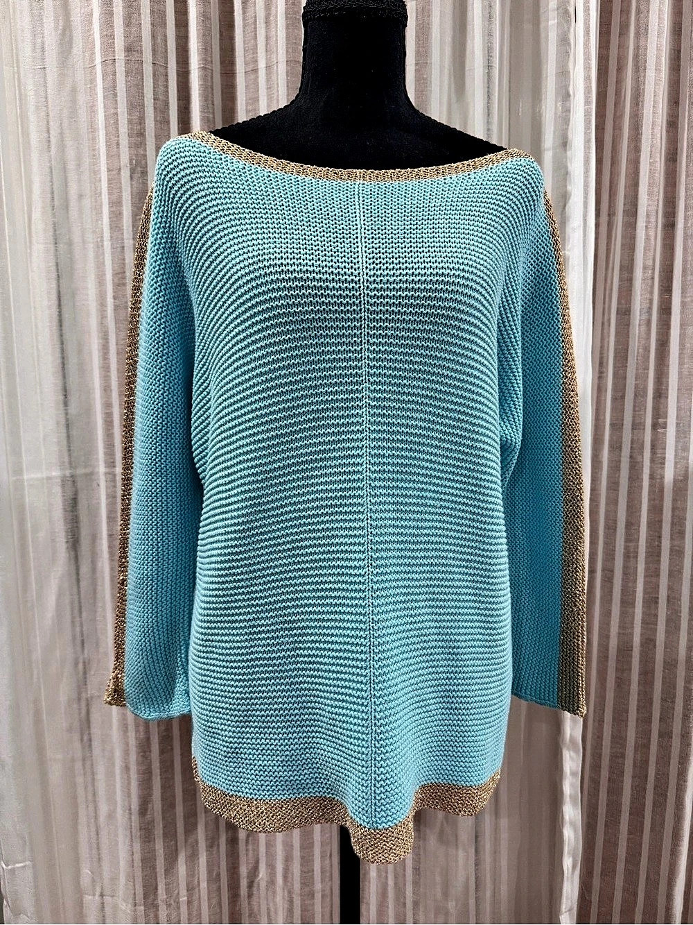 Lily Pulitzer Boat Neck Metallic Trim Sweater in Turquoise & Gold Size Large